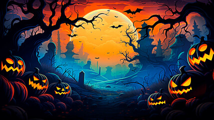 Obraz na płótnie Canvas Halloween background with pumpkins, bats and graveyard. fantasy night illustration. Selective focus. 