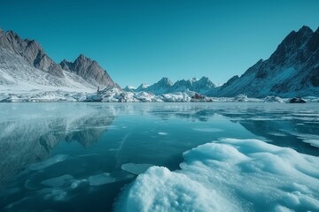 Fototapeta na wymiar Frozen blue scenery with water and peaks. Generative AI