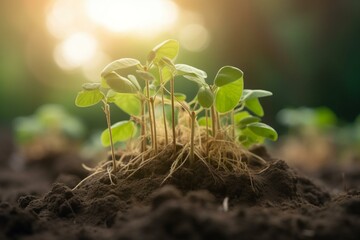 Blurred image of soybean shoots growing from soil with roots. Generative AI