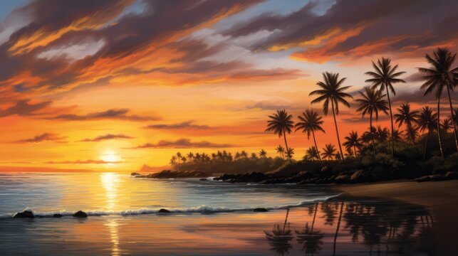 A painting of a sunset on a tropical beach