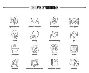 Ogilvie Syndrome symptoms, diagnostic and treatment vector icons. Line editable medical icons.