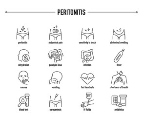 Peritonitis symptoms, diagnostic and treatment vector icons. Line editable medical icons.