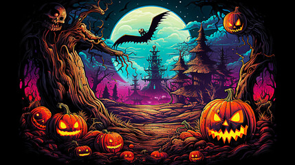 Halloween background with pumpkins, bats and spooky landscape. selective focus. 
