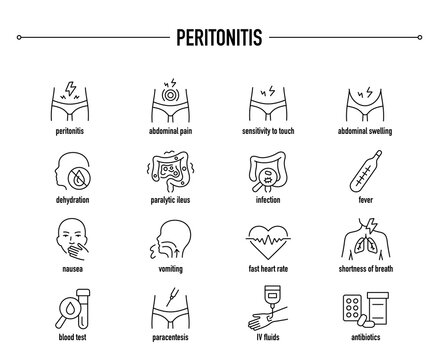 Peritonitis symptoms, diagnostic and treatment vector icons. Line editable medical icons.