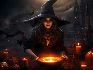 Junge Hexe vor Hexenkessel zu Halloween/Walpurgisnacht, erstellt mit generativer KI