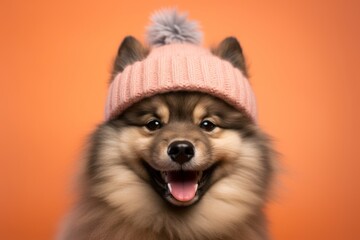 Lifestyle portrait photography of a smiling keeshond wearing a knit cap against a pastel orange background. With generative AI technology