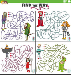 find the way maze games set with cartoon children at costume party