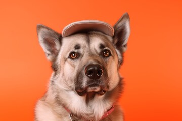 Medium shot portrait photography of a funny norwegian elkhound wearing a visor against a pastel orange background. With generative AI technology