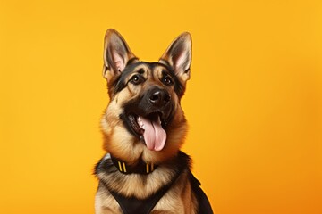 Lifestyle portrait photography of a happy german shepherd wearing a training vest against a yellow background. With generative AI technology