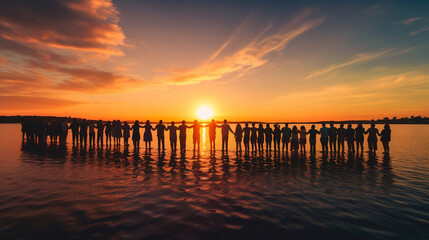 Fototapeta na wymiar an awe-inspiring photo of a group of diverse people joining hands and forming a human chain against a backdrop of a beautiful sunset, representing unity, support, and the power of collective hope