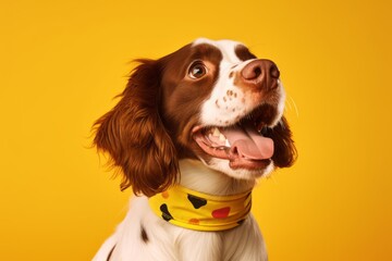 Close-up portrait photography of a smiling brittany dog wearing an anxiety wrap against a yellow background. With generative AI technology - obrazy, fototapety, plakaty