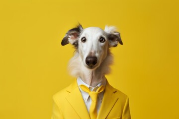 Lifestyle portrait photography of a happy borzoi wearing a dapper suit against a yellow background. With generative AI technology