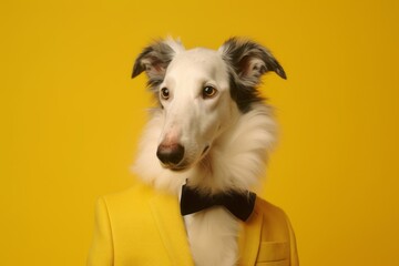 Lifestyle portrait photography of a happy borzoi wearing a dapper suit against a yellow background. With generative AI technology