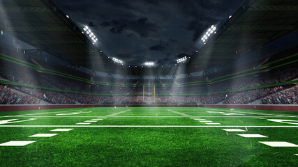 American football arena with yellow goal post, grass field and blurred fans at playground view. 3D...