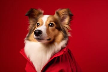 Studio portrait photography of a funny shetland sheepdog wearing a therapeutic coat against a burgundy red background. With generative AI technology