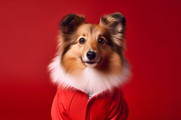 Studio portrait photography of a funny shetland sheepdog wearing a therapeutic coat against a burgundy red background. With generative AI technology