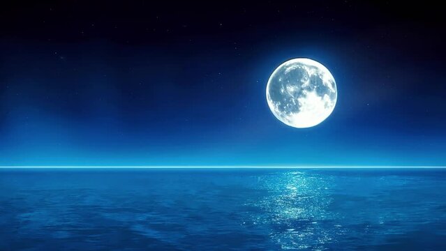 Calm sea water with shooting stars and full moon, 4k quality looping video