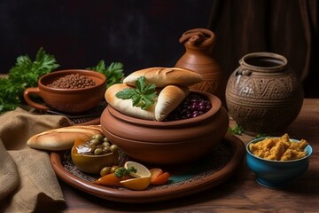 Traditional Egyptian dish served with succulent meat and warm bread. Generative AI