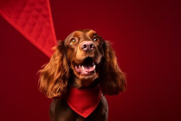Naklejka premium Lifestyle portrait photography of a happy cocker spaniel wearing a shark fin against a burgundy red background. With generative AI technology
