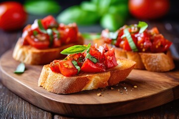 Illustration of tasty bruschetta with tomatoes and basil. Generative AI