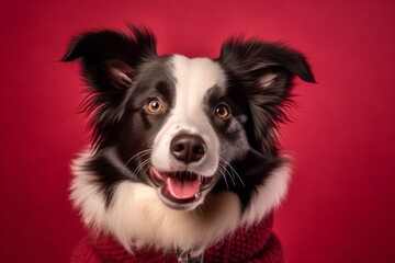 Headshot portrait photography of a funny border collie wearing a jumper against a burgundy red background. With generative AI technology