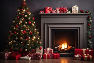 Fototapeta na wymiar Living room interior with christmas fir tree and fireplace
