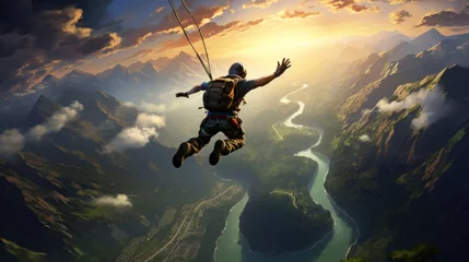 Tuinposter skydiver freefalling with mountain valley and lake below © Victoria Sharratt