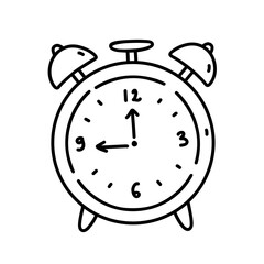 Alarm clock isolated on white background. Vector hand-drawn illustration in doodle style. Perfect for logo, decorations, various designs.