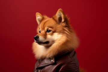 Obraz premium Photography in the style of pensive portraiture of a funny finnish spitz wearing a leather jacket against a burgundy red background. With generative AI technology