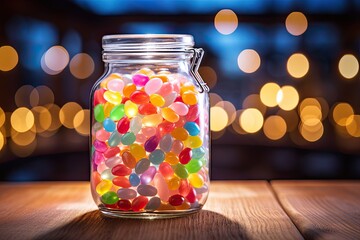 Jar filled with jelly beans under soft, diffused lighting, bokeh background for a dreamy effect . Generative AI