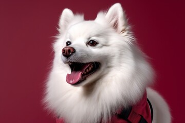 Close-up portrait photography of a happy american eskimo dog wearing a denim vest against a burgundy red background. With generative AI technology
