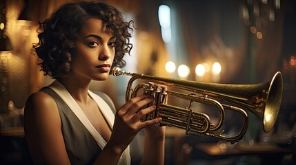 Model capturing the essence of the jazz age, set in a club with brass instruments