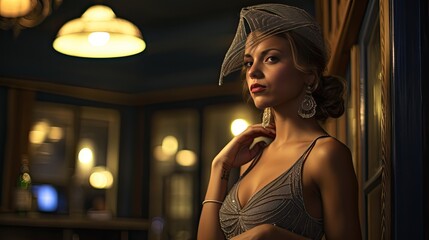 Model donning a 1920s flapper dress, set in an old speakeasy with jazz playing faintly
