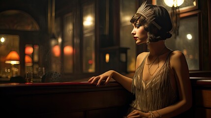 Model donning a 1920s flapper dress, set in an old speakeasy with jazz playing faintly
