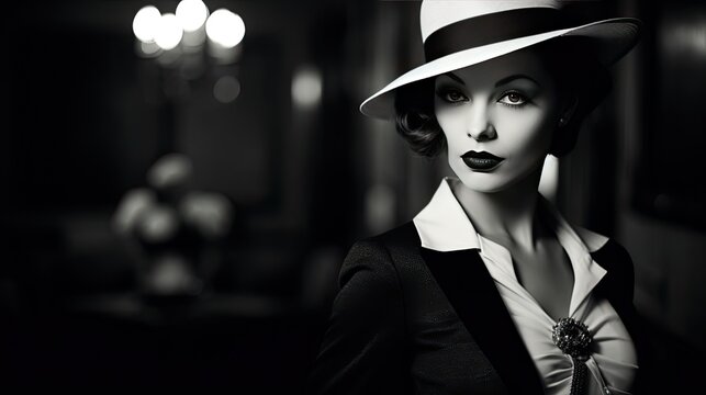 Model capturing the allure of the silent movie era, set in a black and white scene
