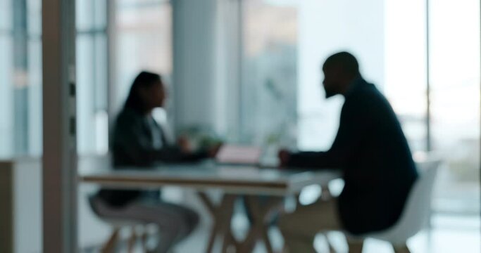 Blur, people and negotiation in business meeting in office and conversation for partnership agreement, contract or deal together. B2b, communication and professional crm discussion with management