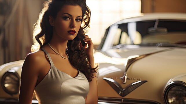 Model exuding the charm of the '50s, with pin-up style makeup, set in a classic car garage