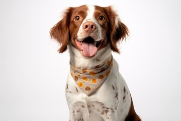 Medium shot portrait photography of a happy brittany dog wearing an anxiety wrap against a pearl white background. With generative AI technology - obrazy, fototapety, plakaty