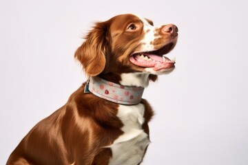 Medium shot portrait photography of a happy brittany dog wearing an anxiety wrap against a pearl white background. With generative AI technology