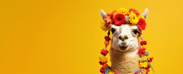 alpaca with flower crown, panoramic layout. Generative Ai