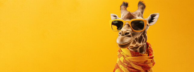giraffe in scarf and sunglasses, panoramic layout. Generative Ai