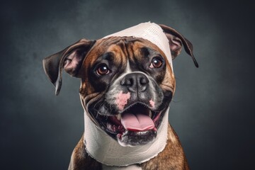 Close-up portrait photography of a smiling boxer dog wearing a bandage against a metallic silver background. With generative AI technology