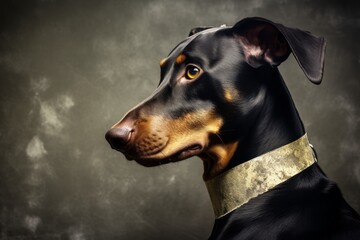 Photography in the style of pensive portraiture of a happy doberman pinscher wearing a bandage...