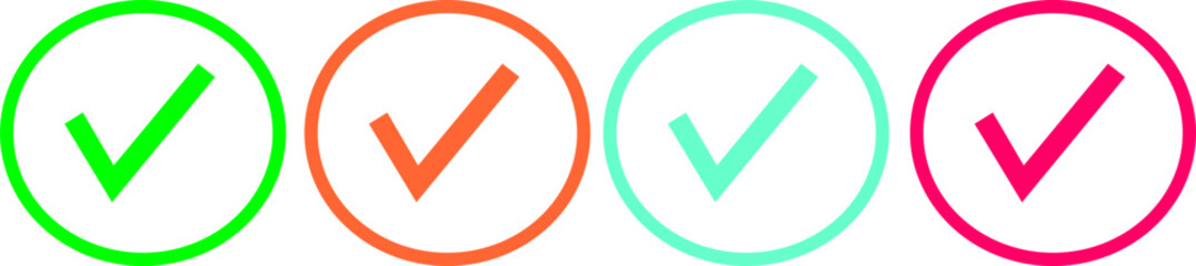 Green check mark icon set. Circle and square. Tick symbol in green color, vector illustration.