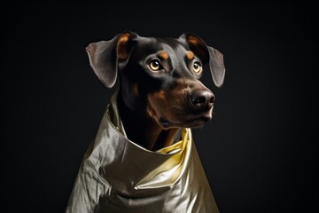 Photography in the style of pensive portraiture of a happy doberman pinscher wearing a bandage against a metallic silver background. With generative AI technology