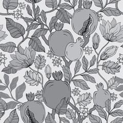 Monochrome Pomegranate Garnet and flowers pattern.