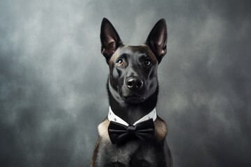 Medium shot portrait photography of a cute belgian malinois dog wearing a tuxedo against a metallic...