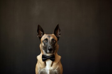 Medium shot portrait photography of a cute belgian malinois dog wearing a tuxedo against a metallic...