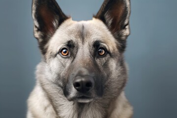 Close-up portrait photography of a cute norwegian elkhound wearing a therapeutic coat against a...