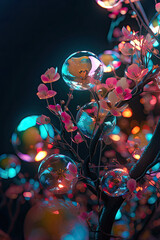 Tree of Dreams with Pink Flowers and Blue Bubbles,Fantasy Plants 3D Rendering Concept Plants